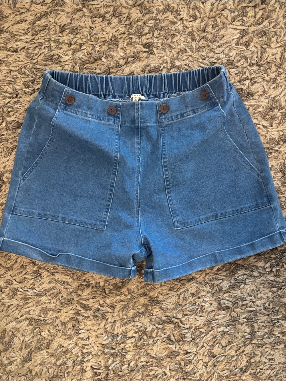MWT JODIFL Blue Pull-On Denim Shorts with Front Patch Pockets & Button Detail.